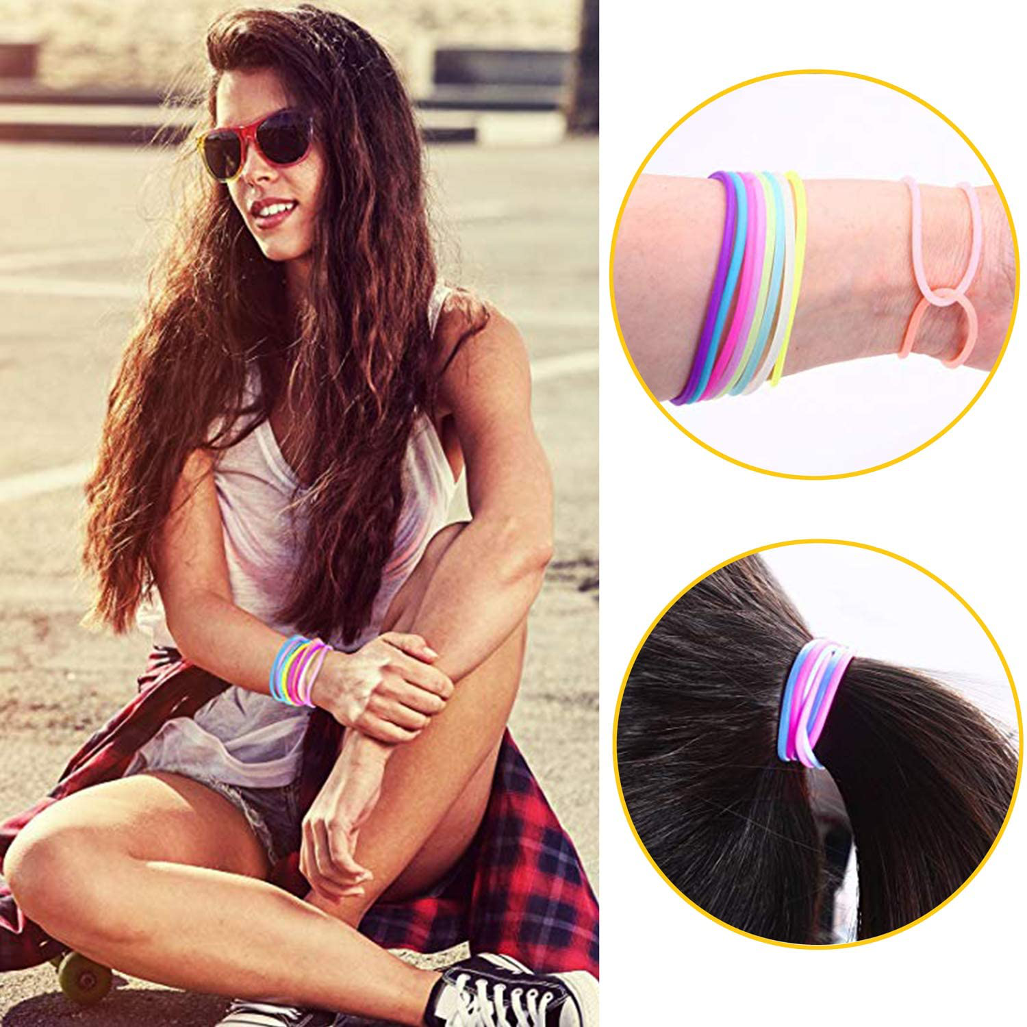 80’S Party Bracelets Rainbow 10 Colors Silicone Jelly Glow Wristbands Luminous Hair Ties for Christmas Party Favors, Adults, Women, Kids, Girls Gifts (30PCS)