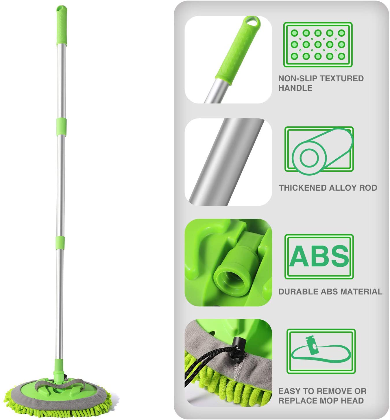 HOUSE DAY Car Wash Brush with 45” Long Handle & 3pcs Car Wash Mitt Scratch Free, Soft Scrub Car Wash Brush, Car Wash Mops with Flexible Rotatory Extension Pole - Green