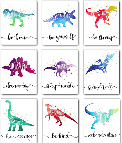 Zonon 9 Pieces Dinosaur Boy Room Decor Dinosaur Watercolor Poster Wall Art Prints Dinosaur Motivational Words Inspirational Quotes Wall Decals for Nursery Classroom Kids Room Decoration Unframed