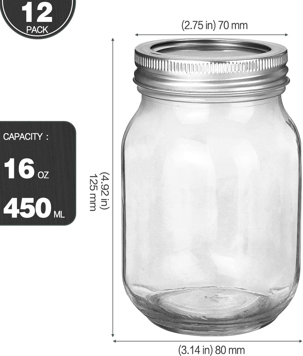 KAMOTA Mason Jars 16 OZ With Regular Lids and Bands, Ideal for Meal Prep, Jam, Honey, Wedding Favors, Shower Favors, Baby Foods, DIY Magnetic Spice Jars, 12 PACK, 20 Whiteboard Labels Included