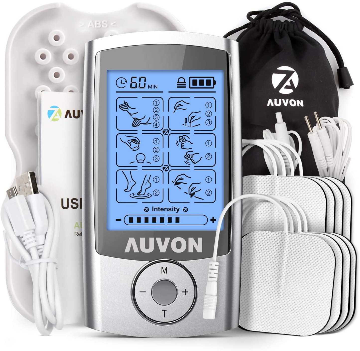 AUVON Rechargeable TENS Unit Muscle Stimulator, 3Rd Gen 16 Modes TENS Machine with 8Pcs 2"X2" Premium Electrode Pads (American Gel) for Pain Relief