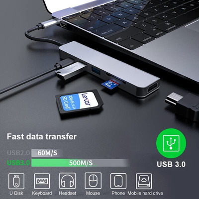 USB C HUB 6 in 1 HDMI & USB C Adapter - 4K HDMI USB 3.0 Transfer Fast Charging Adapter with SD/TF Card Reader Compatible with Macbook, Ipad Pro, Surface Pro, Type C Laptop