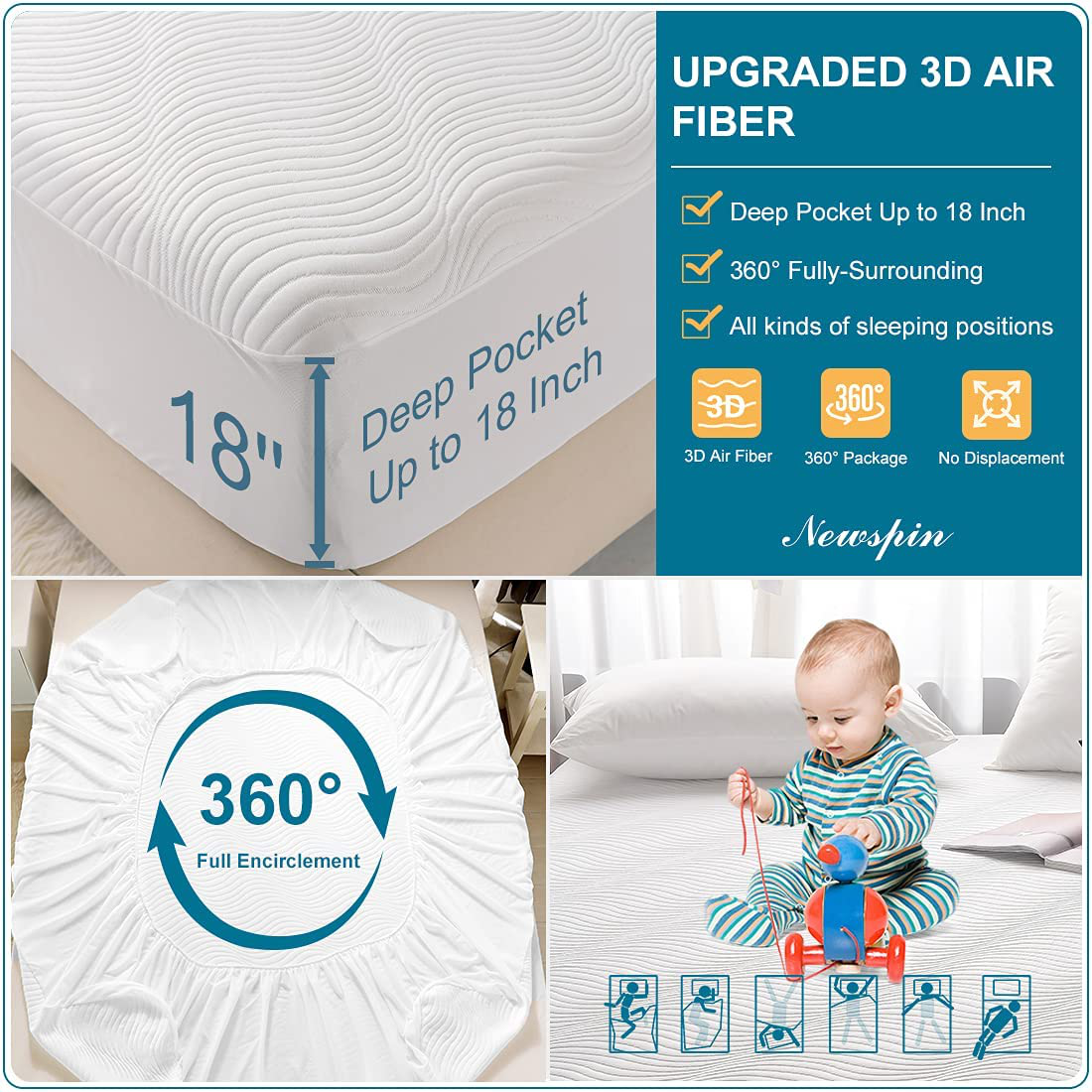 Newspin King Size Waterproof Mattress Pad, Quilted 3D Air Fiber Filling Breathable Mattress Protector, 6''-21'' Deep Pocket, Noiseless Bed Cover