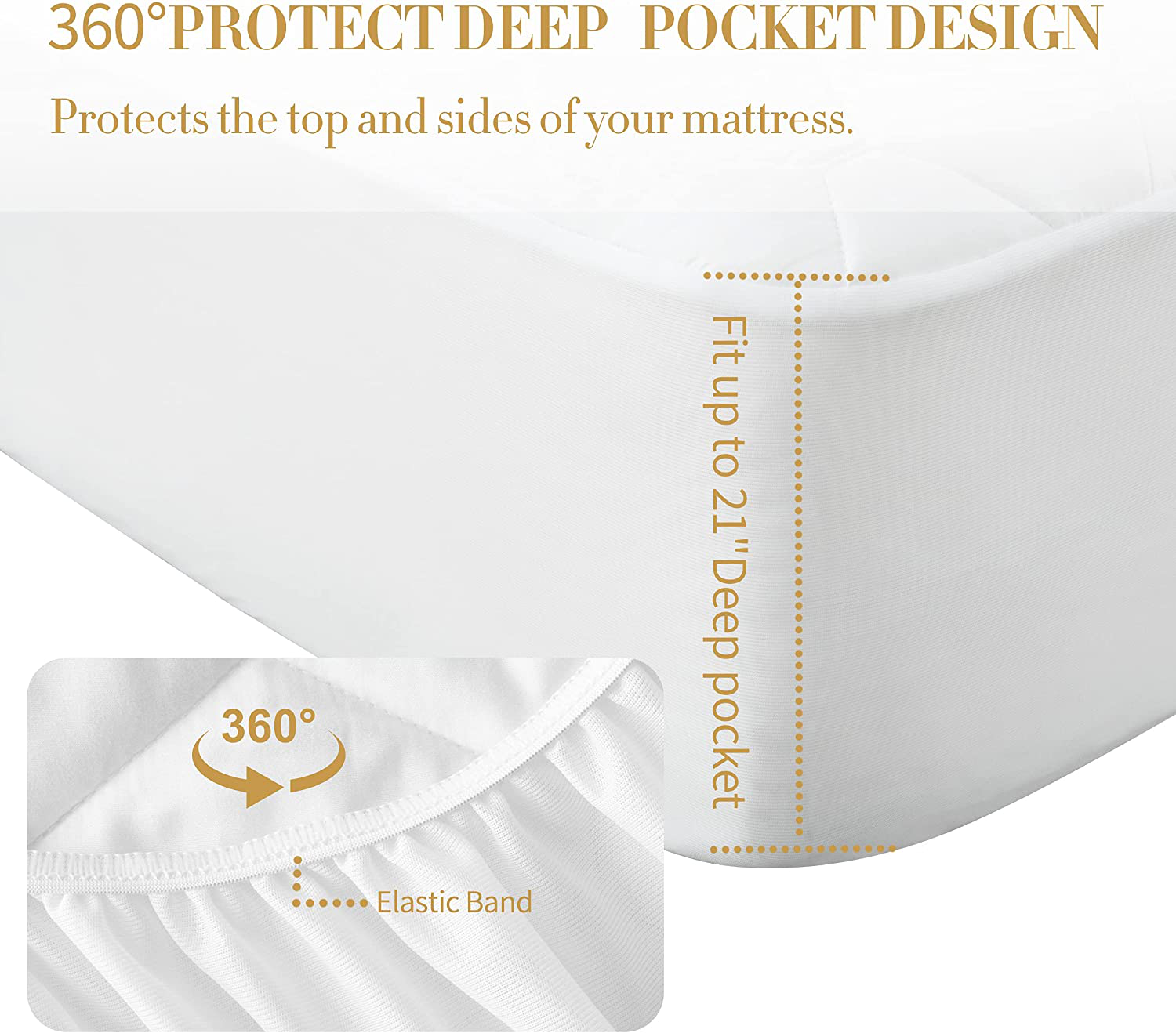 Queen Size Quilted Fitted Mattress Pad, 100% Waterproof Breathable Mattress Protector, Ultra Soft Alternative Filling Mattress Cover, Stretches up to 21 Inches Deep Pocket (White)