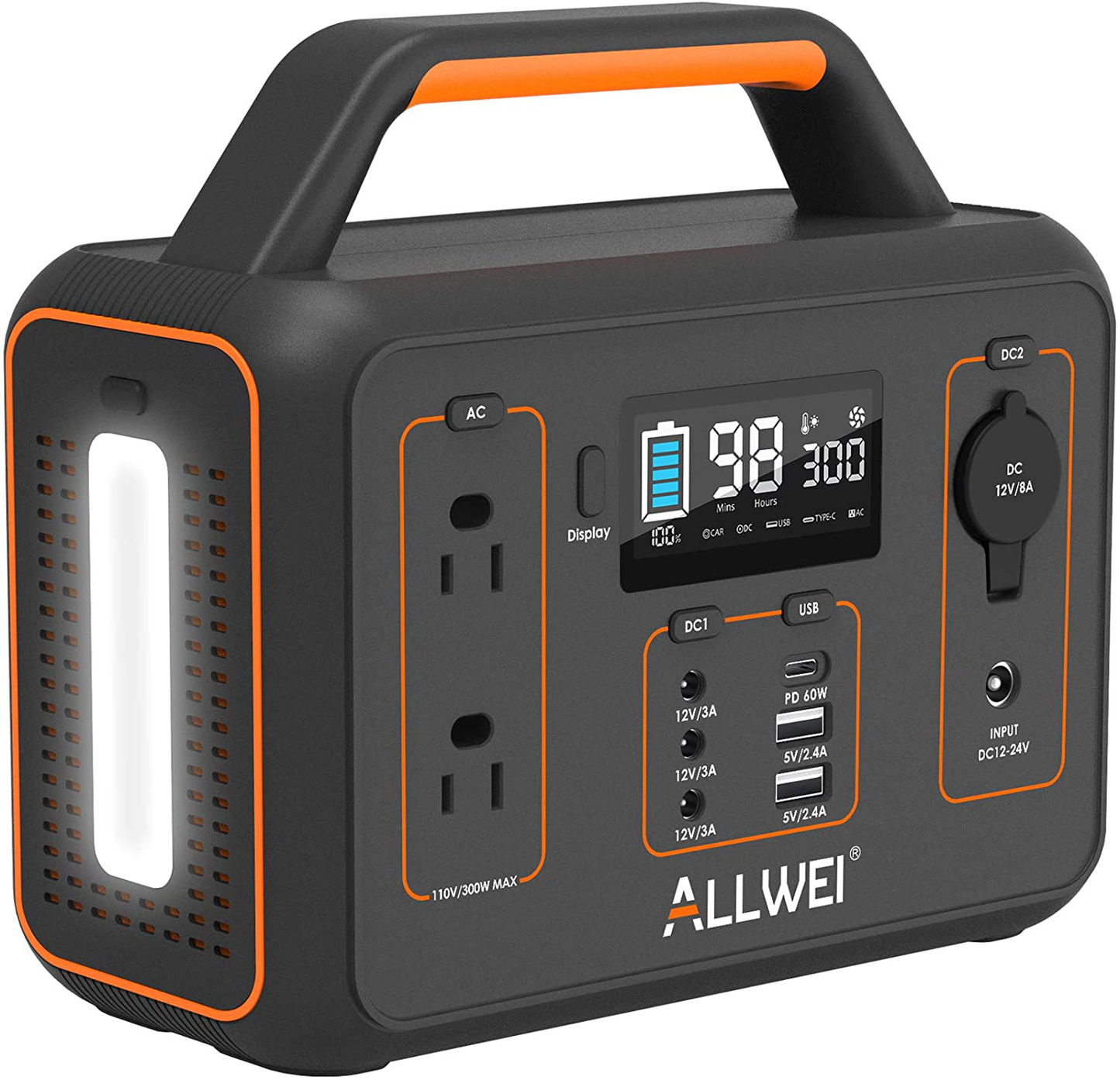 ALLWEI Portable Power Station, 300W/Peak 600W Solar Generator 280Wh/78000mAh CPAP Backup Lithium Battery Pack with LED light,Pure Sine Wave AC Outlet,PD 60W,for Outdoors Camping Travel Emergency