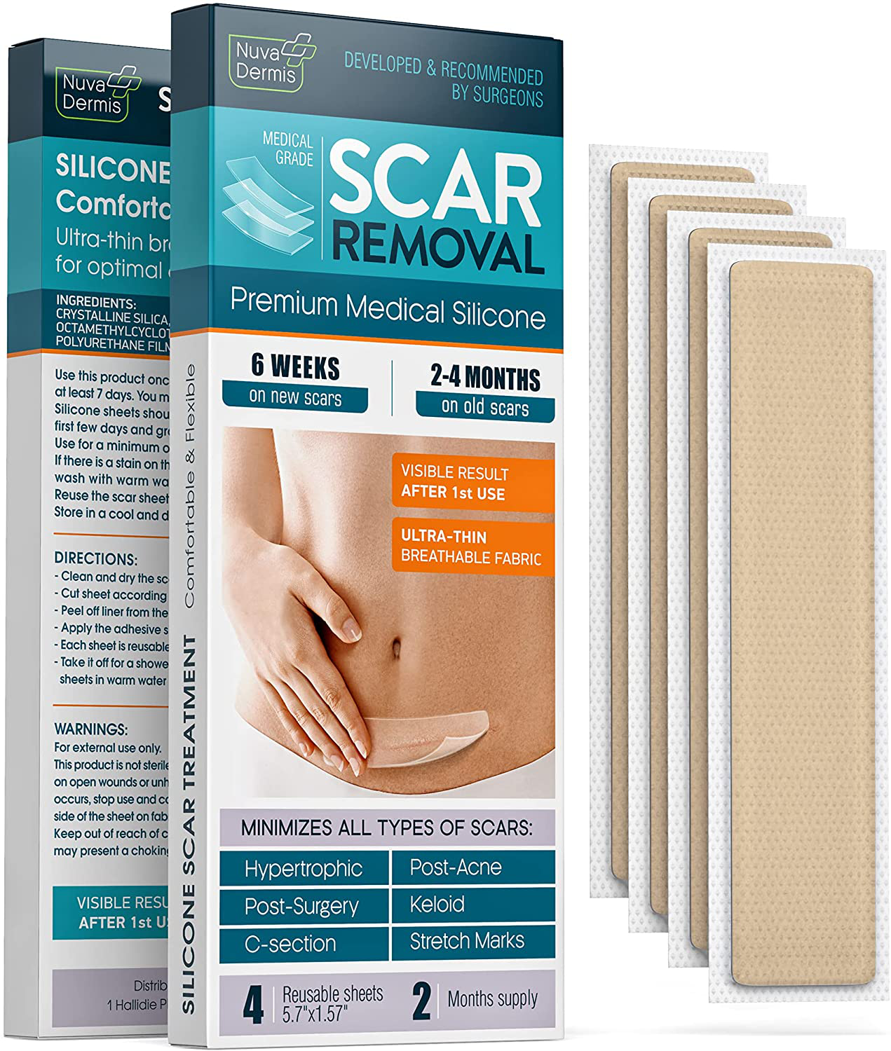 Silicone Scar Sheets, Strips, Tape - Keloid, C-Section, Surgical - Scars Removal Treatment - Silicon Gel Cream Patch Bandage - Tummy Tuck Surgery - 4 Pack 5.7" X 1.57" - 2 Month Supply by Nuvadermis