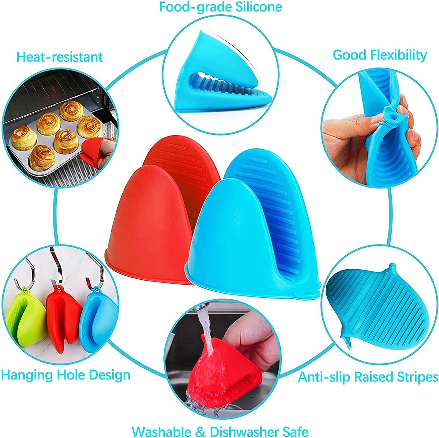2 Pairs Mini Silicone Oven Mitts, BBQ Gloves, Oven Gloves Heat Insulation Cooking Pinch Mitts Potholder for Outdoor and Kitchen Cooking & Baking (Red and Blue)