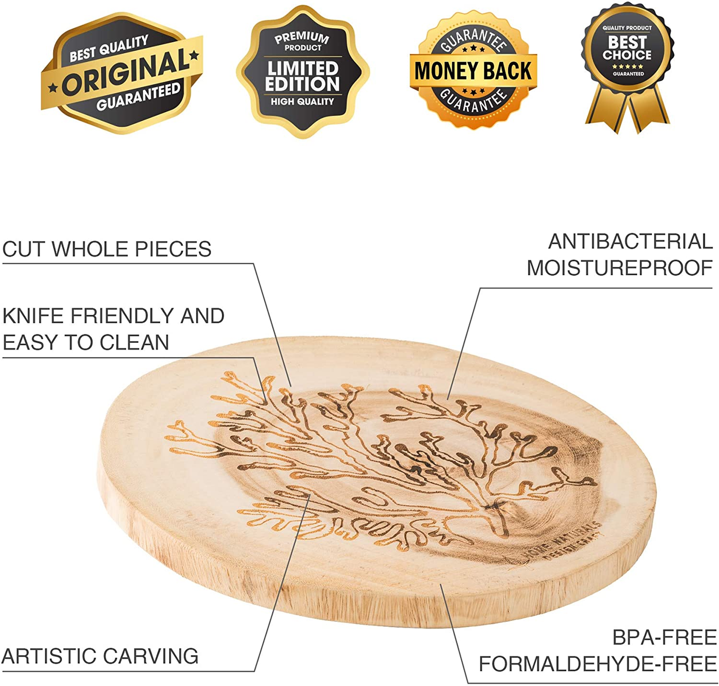 Home Naturals Hand Craft Cutting Board with Coral Carving, Thailand Sustainable Acacia Wood Chopping Board for Meat, Cheese & Vegetables | Food Prep & Serving Tray 12.4" X 12.4"