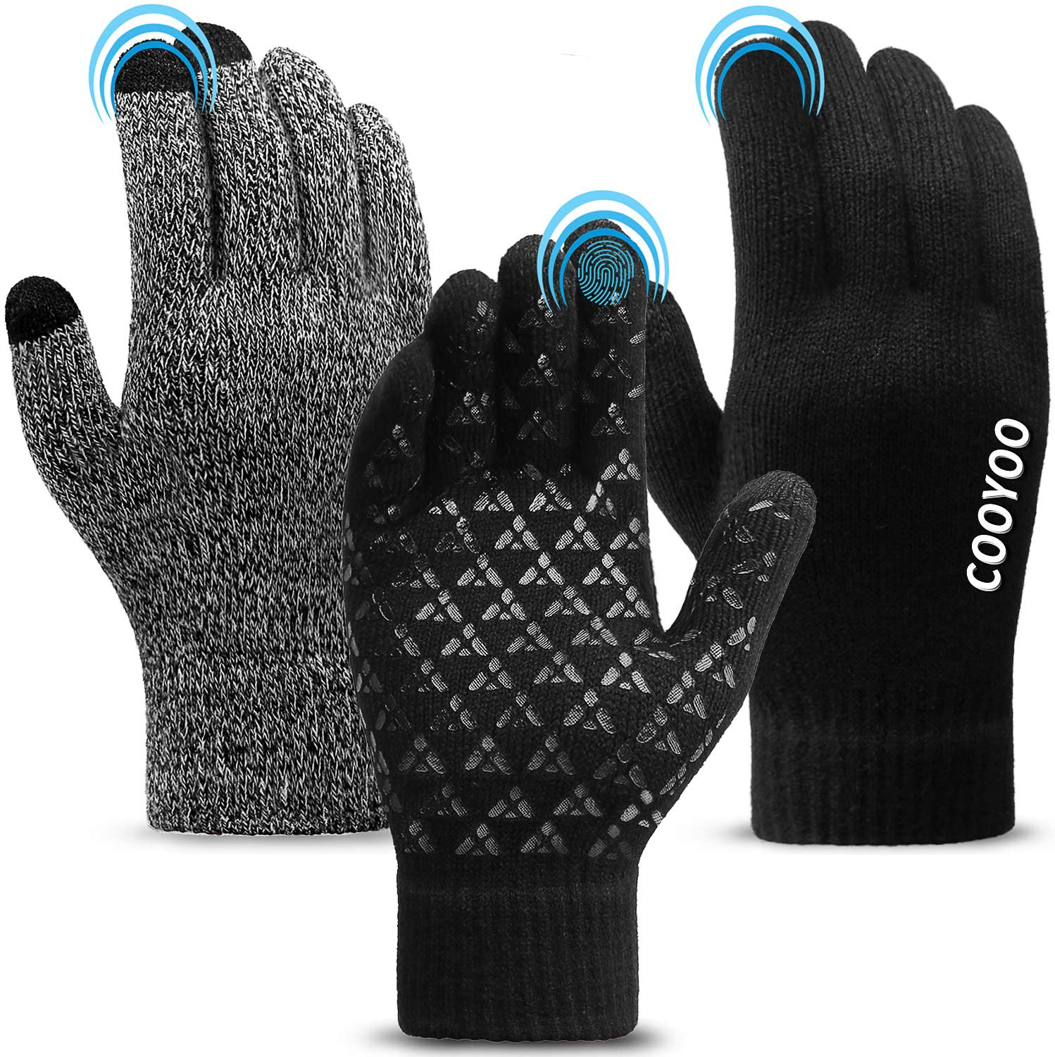 COOYOO Winter Gloves for Women and Men 1/2/3 Pairs,Upgraded Touch Screen Gloves,Anti-Slip Silicone Gel - Elastic Cuff - Thermal Soft Wool Lining - 3 Size Choice