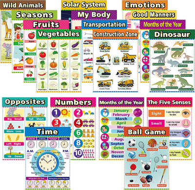 Kids Posters for Kindergarten Classroom Learning, Toddler School Supplies,Educational Toys for 2-4 Year Olds with Glue Point Dot for Nursery Homeschool Kindergarten Classroom Includes Abc Alphabet,Fruit,Season,Emotions and More(18 Pieces, English Style)