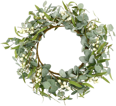 Palmhill Eucalyptus Wreaths for Front Door, 18 inch Artificial Door Wreath Eucalyptus Leaves Berry Garland Farmhouse Wreath Greenery for Spring Father's Day Festival Wall Indoor Outdoor Décor Wedding