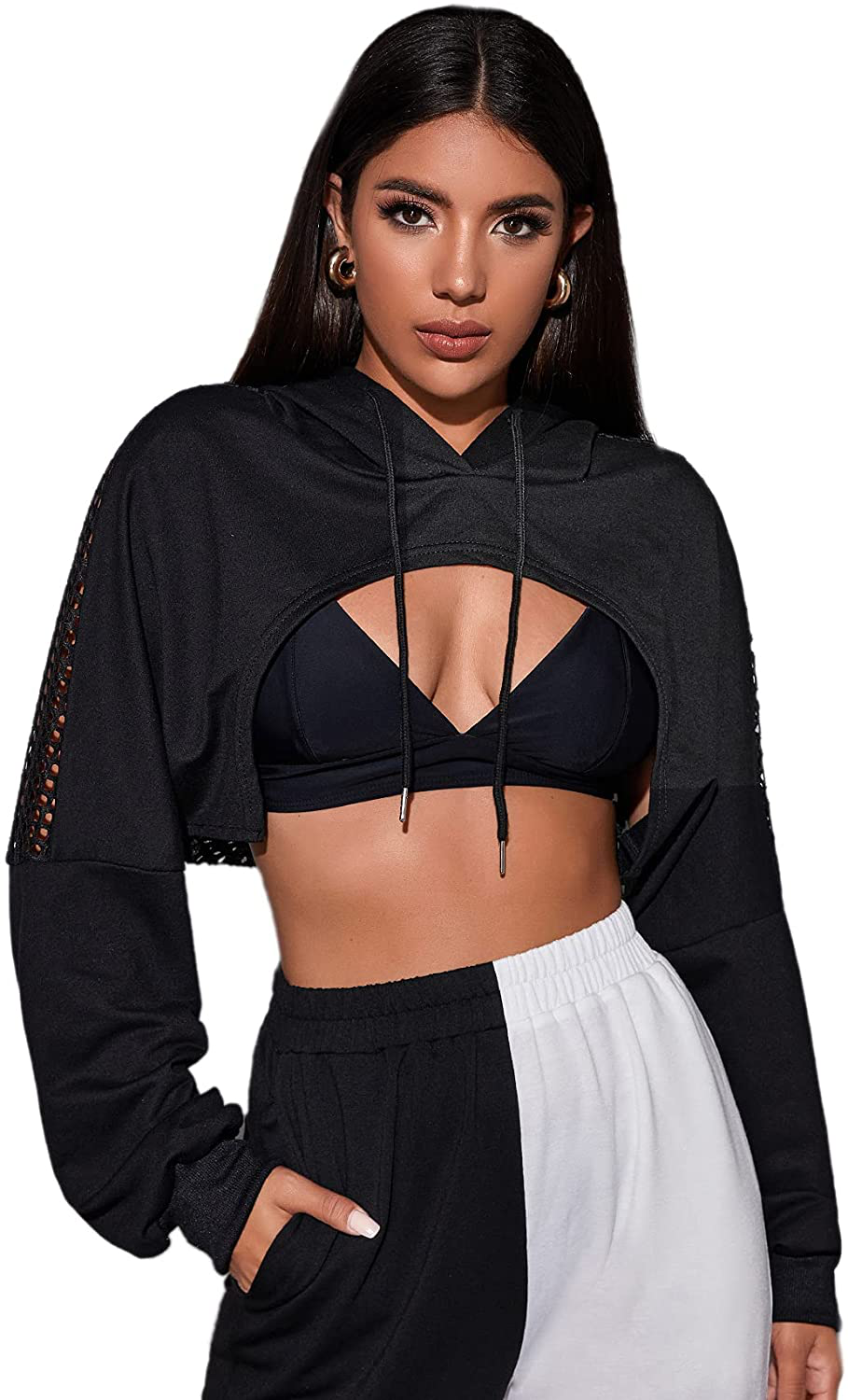 Verdusa Women's Sheer Fishnet Drop Shoulder Drawstring Hoodie Crop Sweatshirt