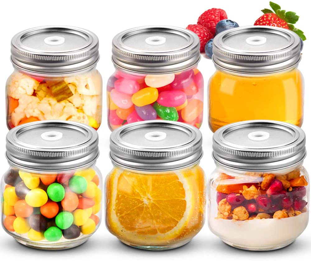 sungwoo Mason Jars, Canning Jars 8 ounces, 6 PACK, with Sealed and Straw Lid, Ideal for Juice, Jam, Honey and Spice, Wedding Favors, Shower Favors, Baby Foods