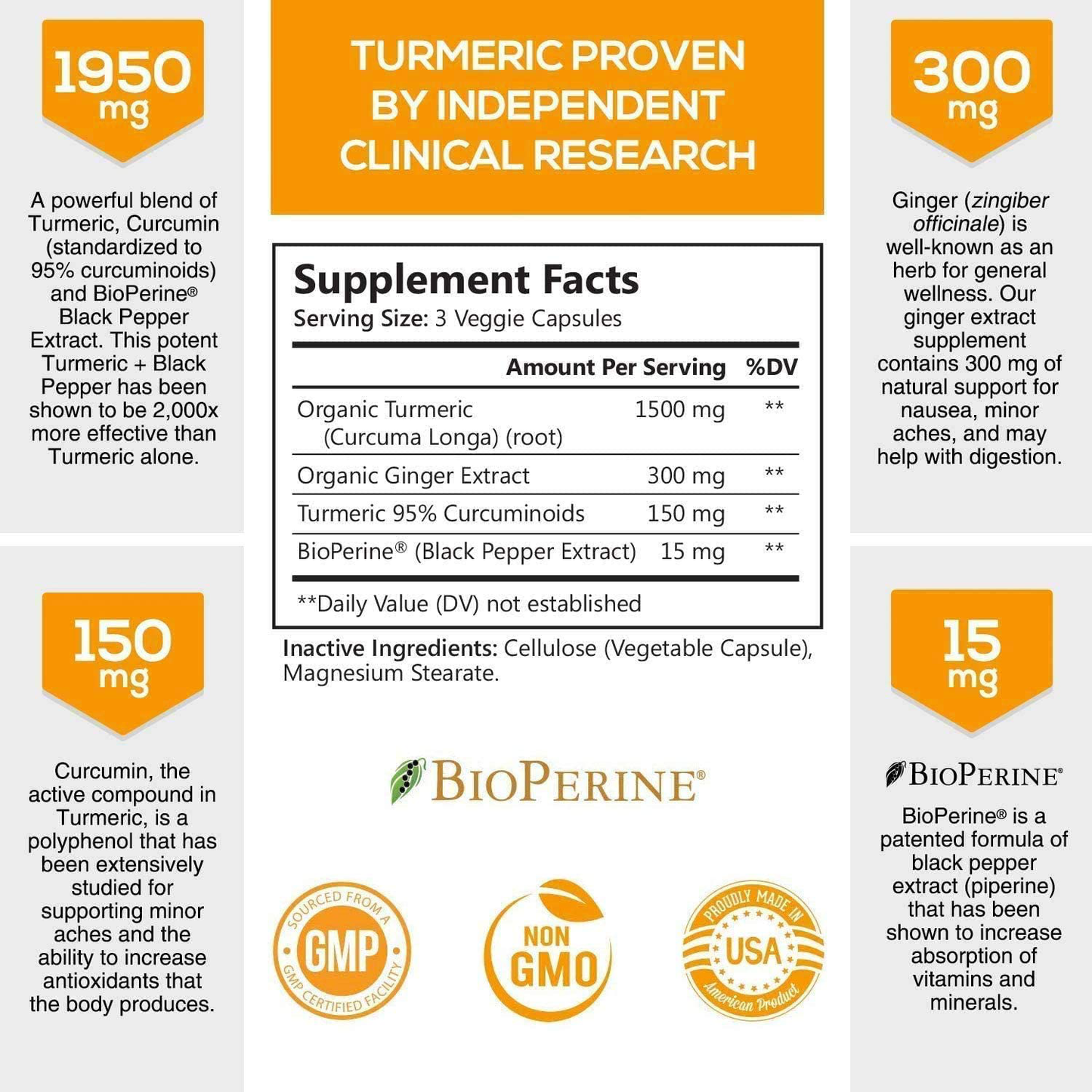 Turmeric Curcumin with BioPerine & Ginger 95% Curcuminoids 1950mg - Black Pepper for Absorption, Made in USA, Natural Immune Support, Turmeric Ginger Supplement by Natures Nutrition