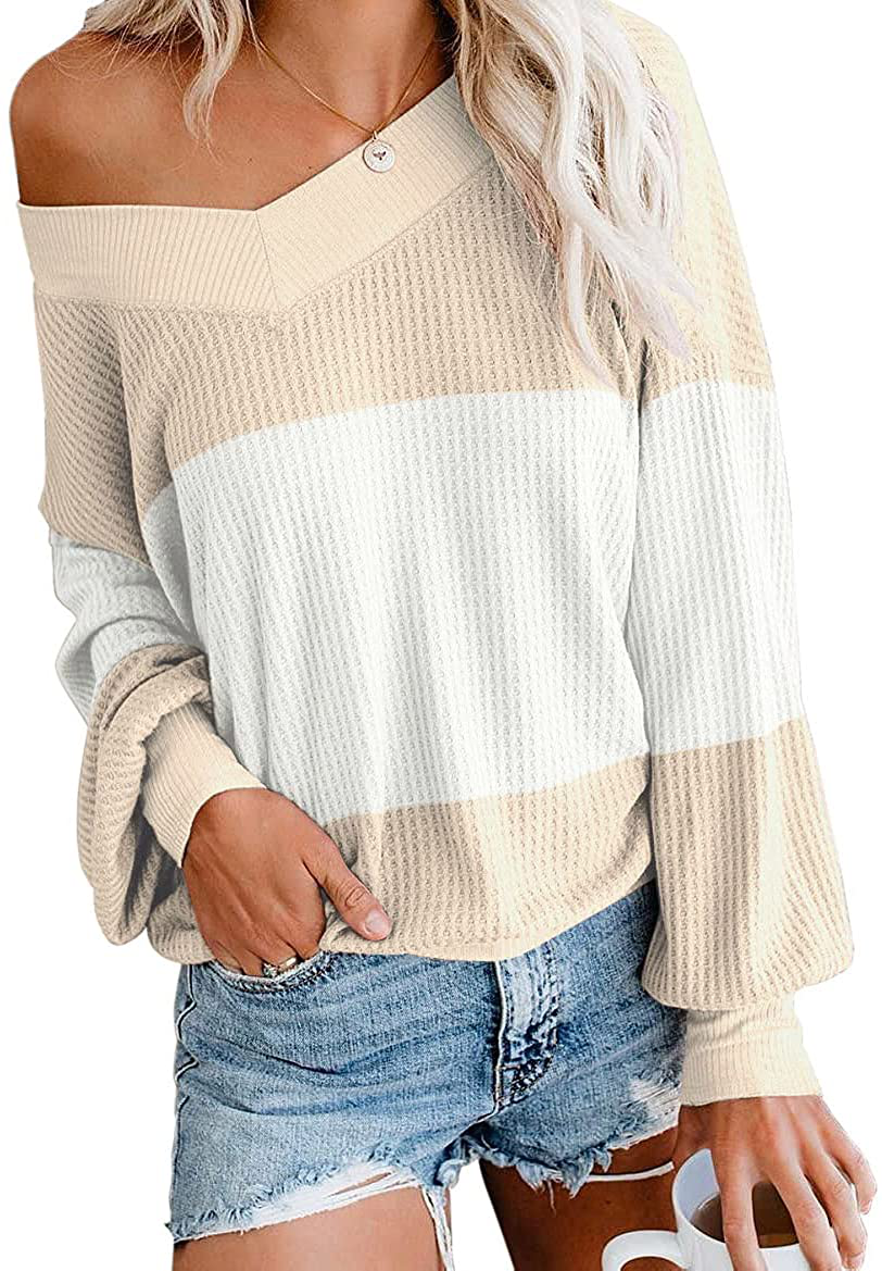 Adreamly Women's V Neck Long Sleeve Waffle Knit Top Off Shoulder Oversized Pullover Sweater