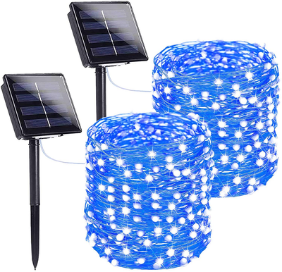 Blue Outdoor Solar String Lights, 2-Pack Each 72FT 200LED Super Bright Solar Lights Outdoor, Waterproof Copper Wire 8 Modes Solar Fairy Lights for Garden Patio Tree Party Wedding (Blue)