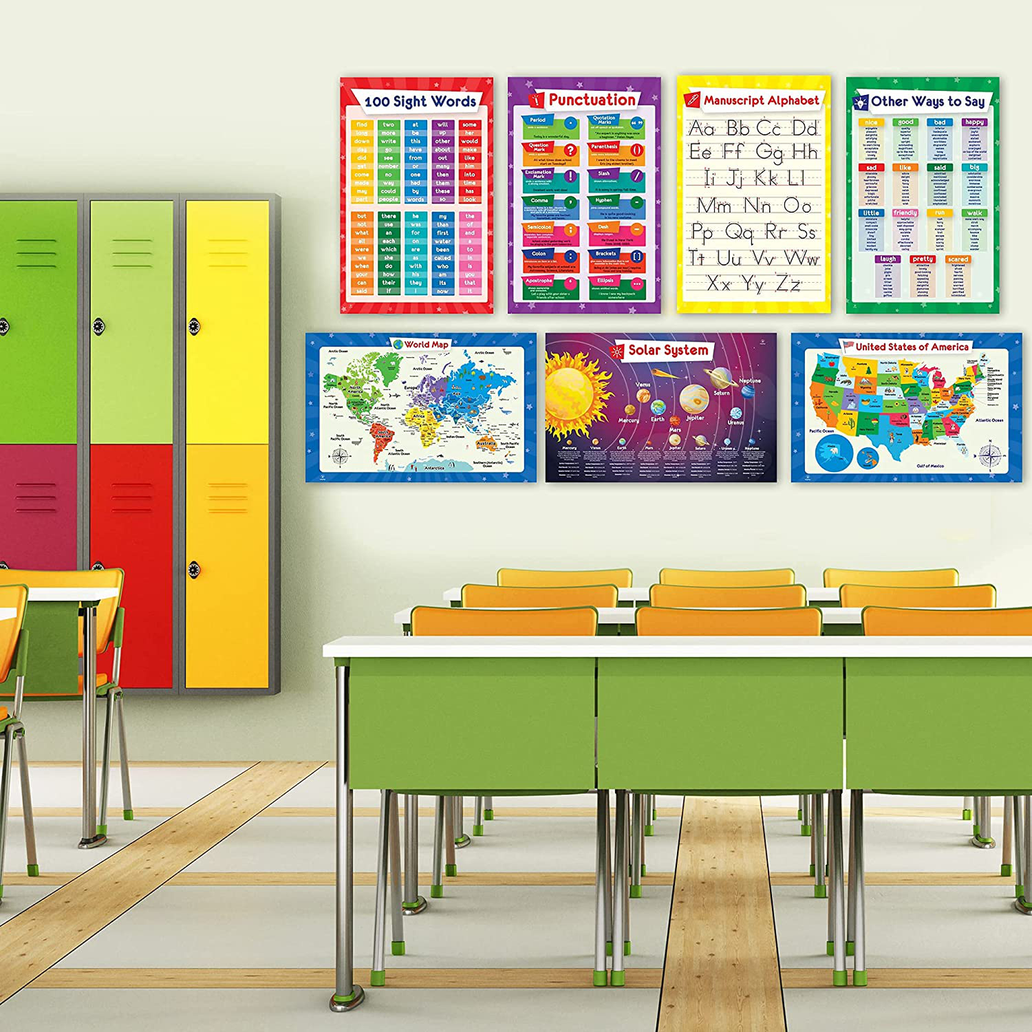 26 Set of 50 Educational Posters for Kids - Multiplication Chart, Periodic Table, USA, World Map, Sight Words, Word Families, Homeschool Supplies, Classroom Decorations - Laminated & Flat, 17x11