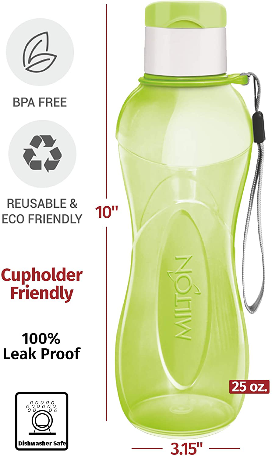 Sports Water Bottle - Milton Kids Reusable Leak-proof 25 oz 4 Set Plastic Wide Mouth Large Big Drink Bottle BPA & Leak Free With Handle Strap Carrier For Cycling Camping Hiking Gym Yoga