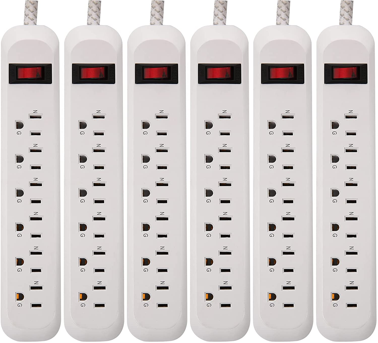 Power Strip Surge Protector 6 Outlets 2Ft Long Extension Cord with Braided Fabric, 300 Joules, Wall-Mounted Strip, Overload Protection, for Home, Office (2 Pack)