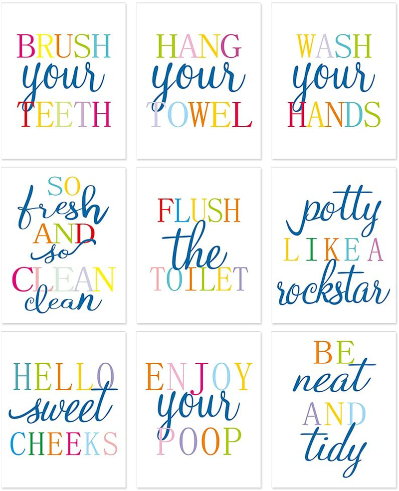 Funny Bathroom Quote&Saying Art Print Watercolor Lettering Sign Wall Art Painting Poster ,Colorful Bathroom Rules Typography Cardstock Poster For Kids Washroom Decor (set of 9, 8’’ x 10’’ ,Unframed)