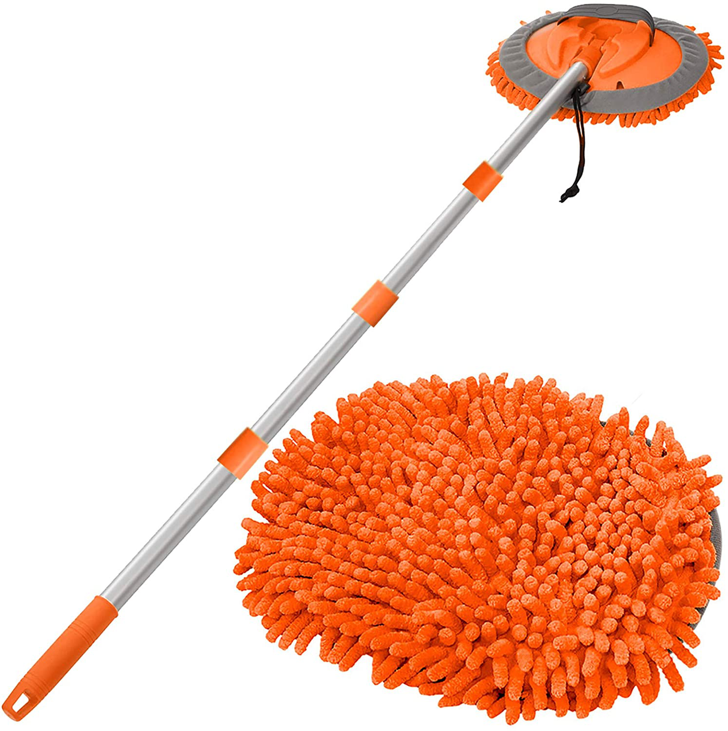 WillingHeart 63" Car Wash Mop Brush Tool Mitt with Long Handle Length More Suitable for Washing American Cars Truck, SUV, RV, Trailer, 2 in 1 Chenille Microfiber Duster Not Hurt Paint Scratch Free