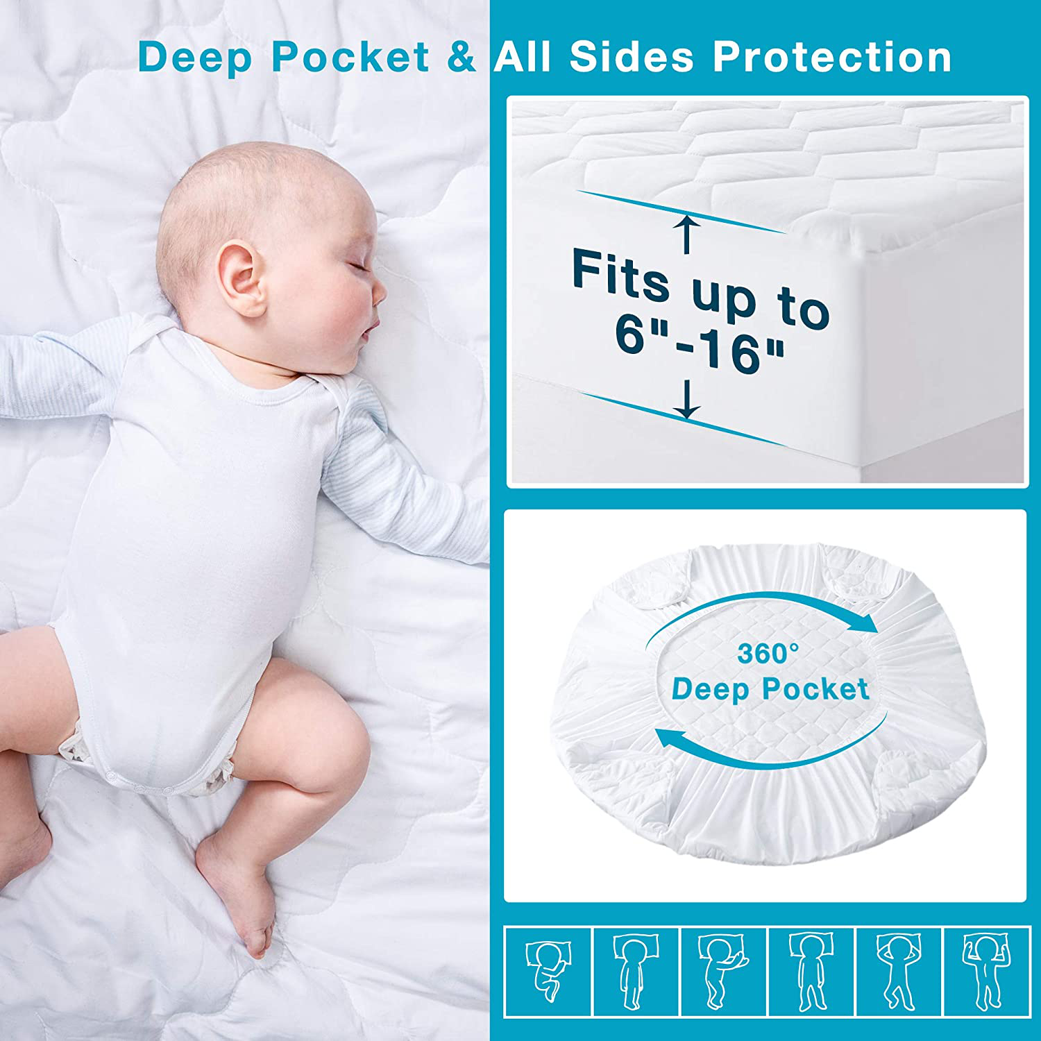 King Size Quilted Fitted Waterproof Mattress Pad, Soft Mattress Protector for King Size Bed, 6-18 inches Deep Pocket Fitted Mattress Cover, White