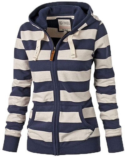 LOOLY Women Plain Zipper Spring Hoodie Striped Hooded Jacket (Thin)