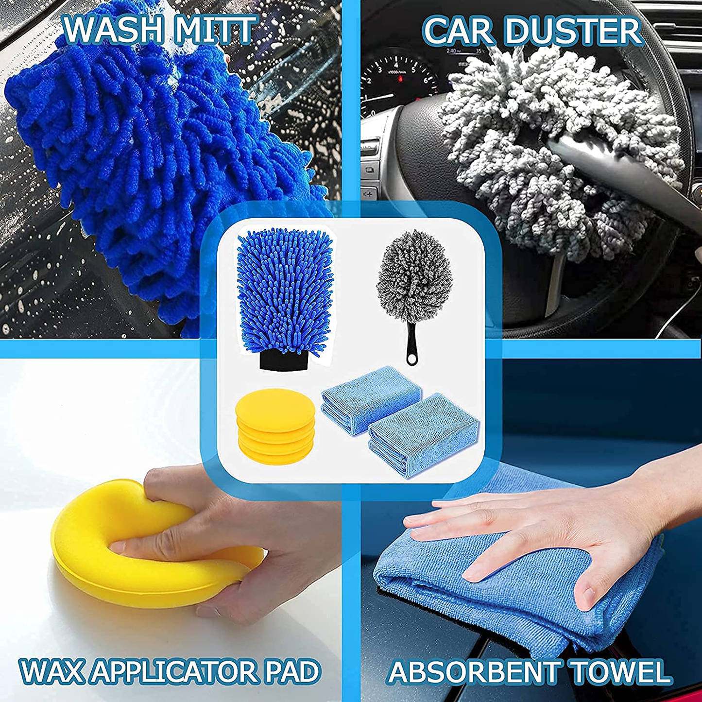 Kodagia 22pcs Car Wash Kit Car Detailing Kit Cleaning Tool Sets with Collapsible Bucket, Microfiber Towel, Tire Brush, Window Scraper, Car Wash Sponges and Dust Cleaning Gel Complete Car Care Kit