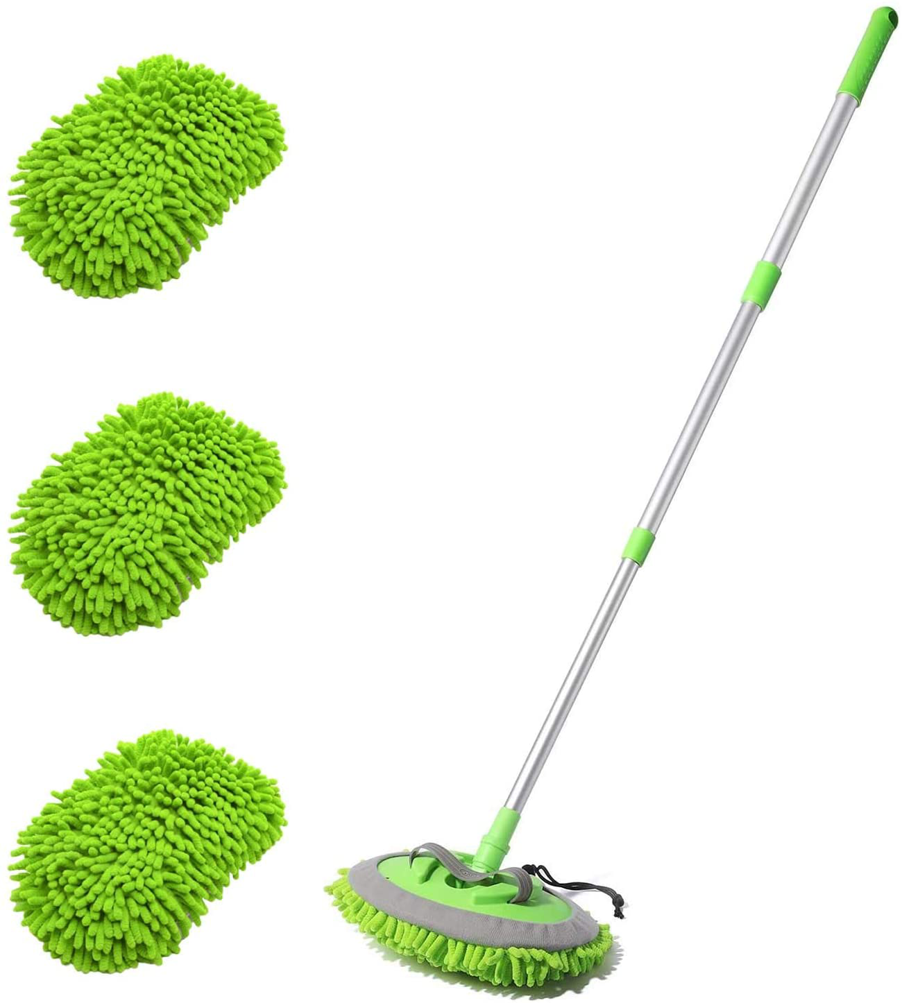 HOUSE DAY Car Wash Brush with 45” Long Handle & 3pcs Car Wash Mitt Scratch Free, Soft Scrub Car Wash Brush, Car Wash Mops with Flexible Rotatory Extension Pole - Green
