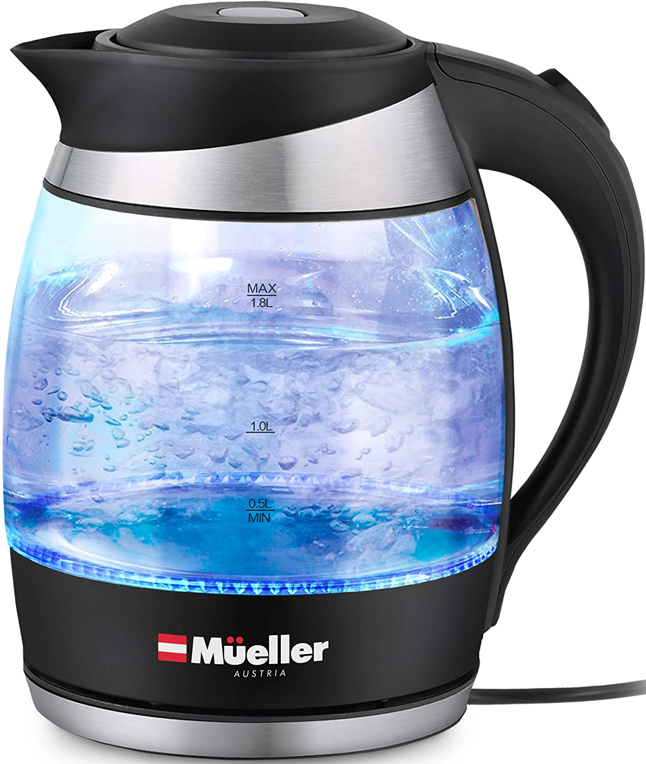 Mueller Ultra Kettle: Model No. M99S 1500W Electric Kettle with SpeedBoil Tech, 1.8 Liter Cordless with LED Light, Borosilicate Glass, Auto Shut-Off and Boil-Dry Protection