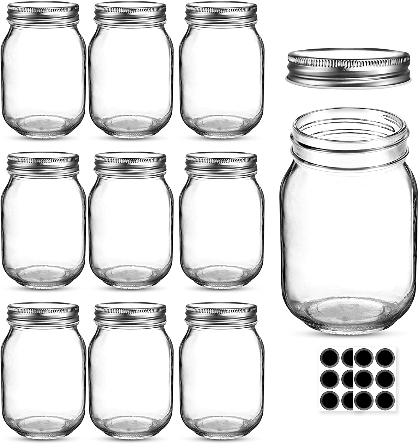 Mason Jars 16 OZ, AIVIKI Glass Regular Mouth Canning Jars with Silver Metal Airtight Lids for Sealing, Canning, Jam, Honey, Wedding Favors, Shower Favors, Baby Foods, Food Storage, Overnight Oats, Dry Food, Snacks, Candies, 6 Pack 12 Whiteboard Labels