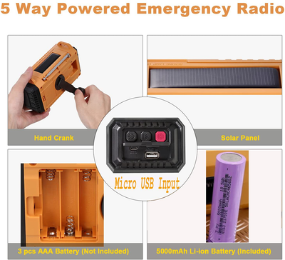 Weather Radio, Solar Hand Crank Emergency Radio, NOAA/AM/FM Shortwave Outdoor Survival Portable Radio, Power Bank USB Charger, Flashlight/Reading Lamp, Headphone Jack, SOS