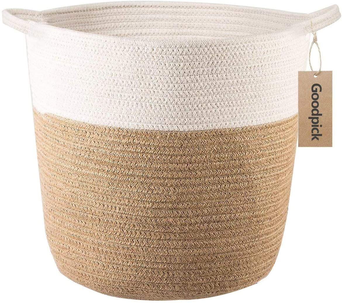 Goodpick Cotton Rope Storage Basket- Jute Basket Woven Planter Basket Rope Laundry Basket with Handles for Toys, Blanket and Pot Plant Cover, 16.0" x15.0" x12.6"