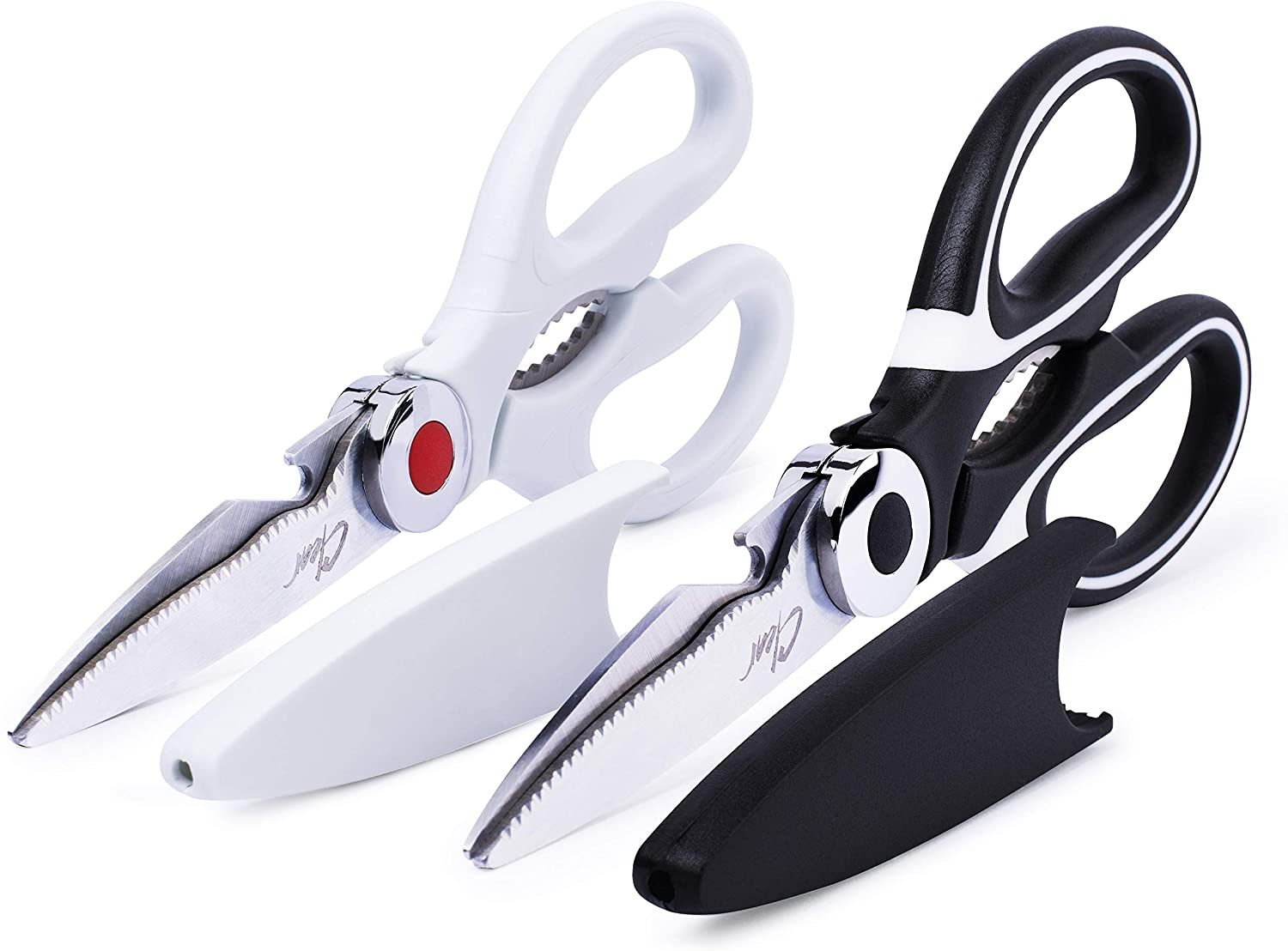 Kitchen Shears by Clear Style, Multipurpose Stainless Scissors-Steel Cooking Shears, Dishwasher Safe, Perfect for Preparing Beef, Chicken, Vegetables, Fish, and More, Black and White (2 Pack)