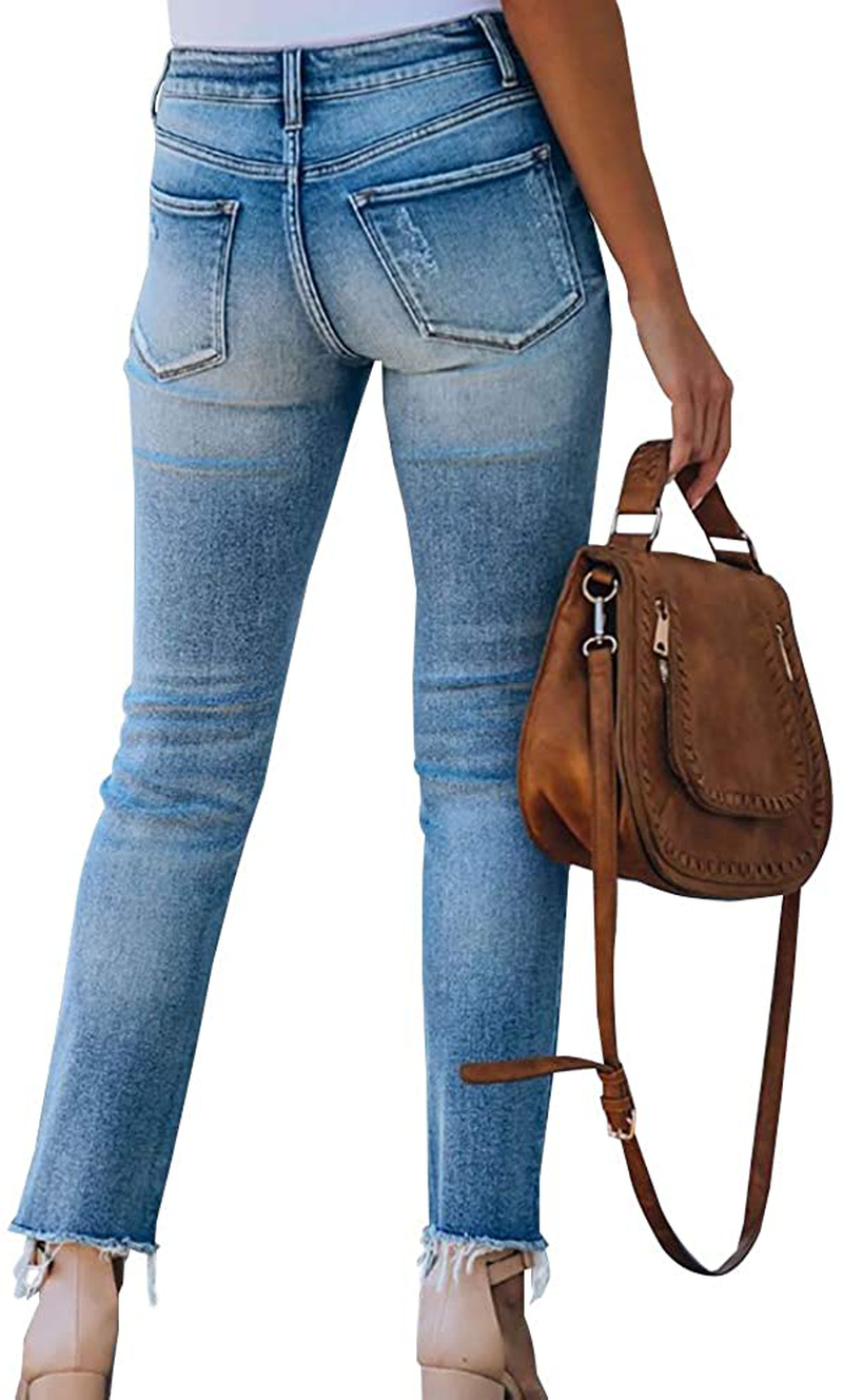 CME SHOWU Women Straight Leg Ripped Jeans Mid Rise Stretch Denim Pants