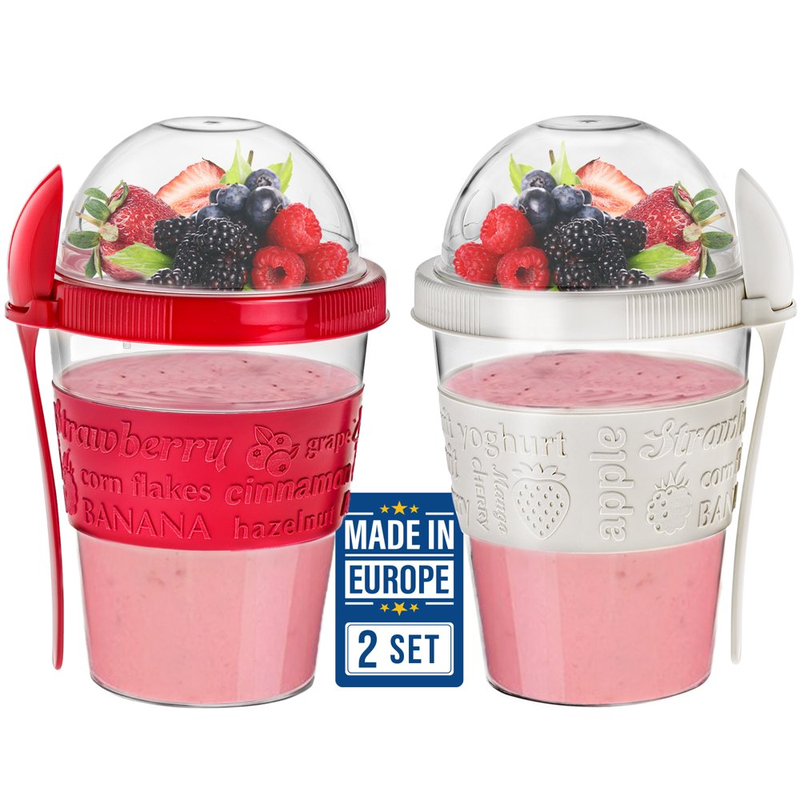 2 Pack Yogurt Parfait Cups with Lids, Breakfast on the Go Plastic Bowls with Topping Cup & Spoon
