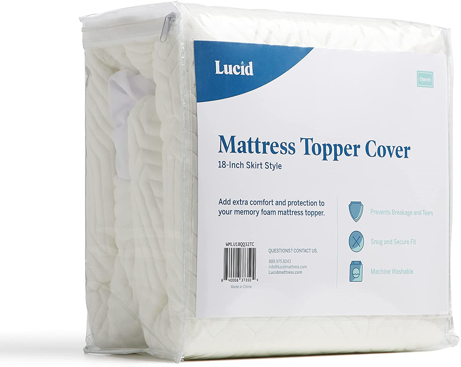 LUCID Memory Foam Soft and Breathable-Machine Washable Mattress Topper Cover, California King, White