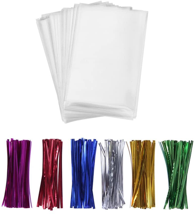 200 Cake Pop Small Treat Bags with Twist Ties 6 Mix Colors - 1.4mils Thickness OPP Plastic Bags (3 ½ x 4 ¾)