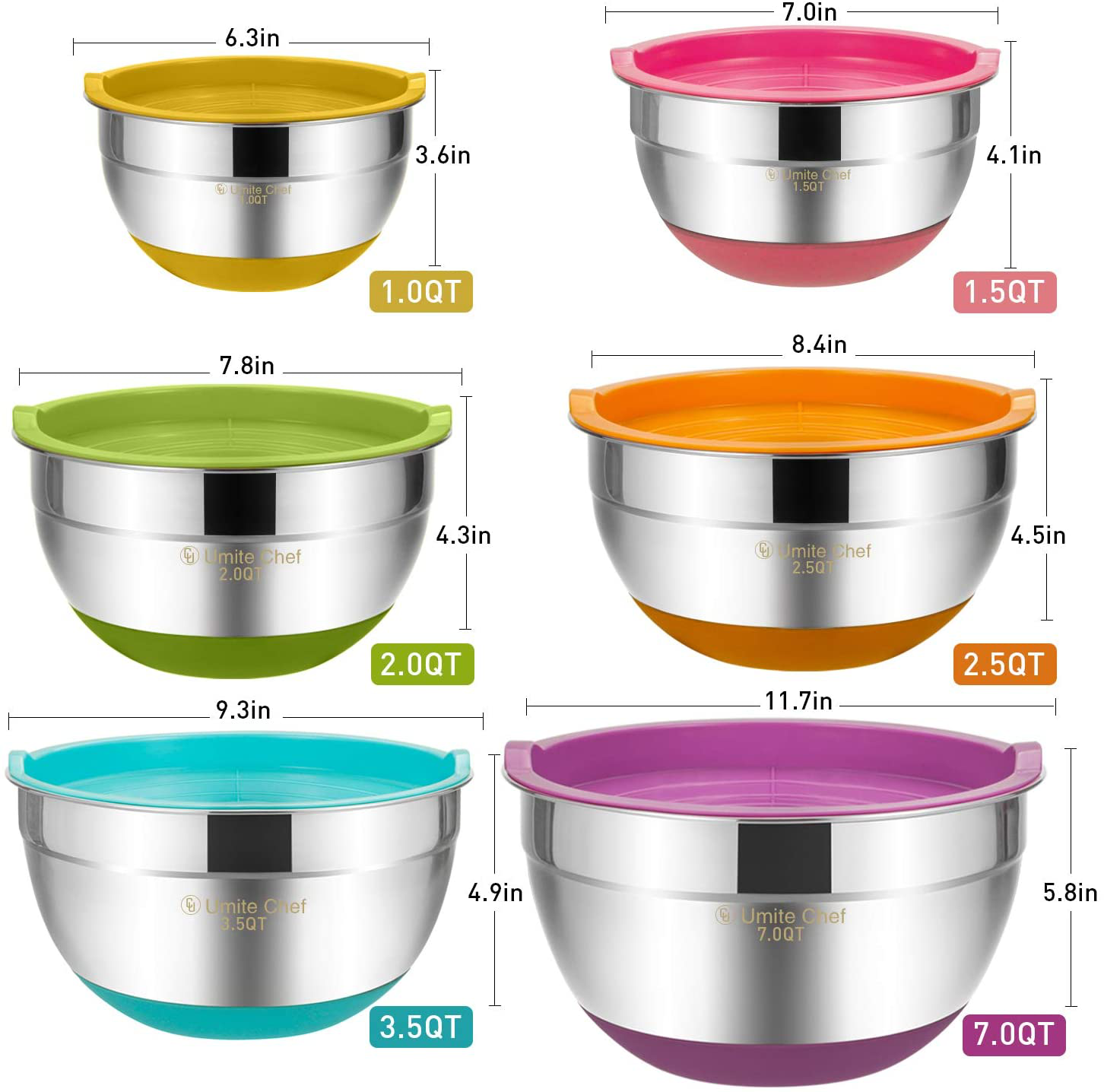 Mixing Bowls with Airtight Lids，6 piece Stainless Steel Metal Nesting Storage Bowls by Umite Chef, Non-Slip Bottoms Size 7, 3.5, 2.5, 2.0,1.5, 1QT, Great for Mixing & Serving(Grey)