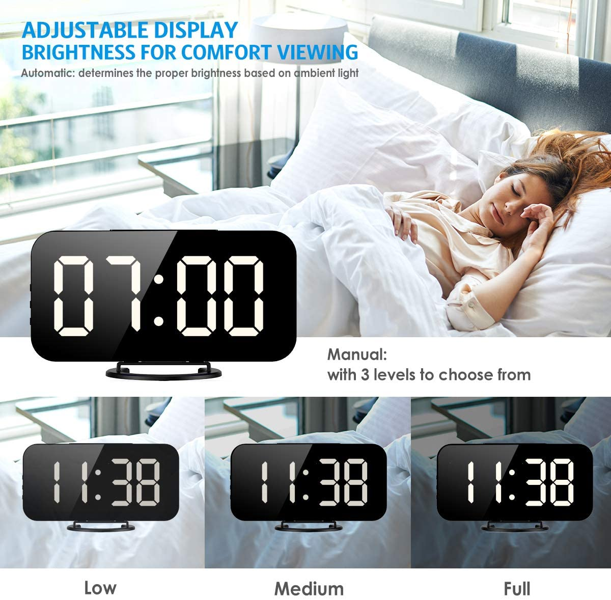 Digital Alarm Clock, Newest Version 6.5" Large Mirror Surface LED Clocks with Dual USB Charger Ports, Auto/Custom Brightness, 12/24H Display with Snooze Function for Bedroom Home Office (Black-White)