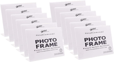 Photo Booth Frames - 6x4 Inch Clear Acrylic Display, Slanted Back Horizontal Picture or Display Sign Holder with Inserts - 12 Count