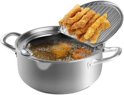 Maocaa Tempura Deep Fry Pot, 304 Stainless Steel Tempura Fryer with Thermometer, Lid Japanese Style Tempura Fryer Pan Uncoated Fryer (9.4)