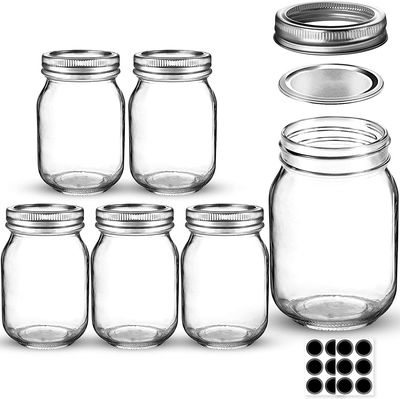 Mason Jars 16 OZ, AIVIKI Glass Regular Mouth Canning Jars with Silver Metal Airtight Lids and Bands for Canning, Jam, Honey, Wedding Favors, Shower Favors, Baby Foods, Food Storage, Overnight Oats, Dry Food, Snacks, Candies, 6 Pack 12 Whiteboard Labels