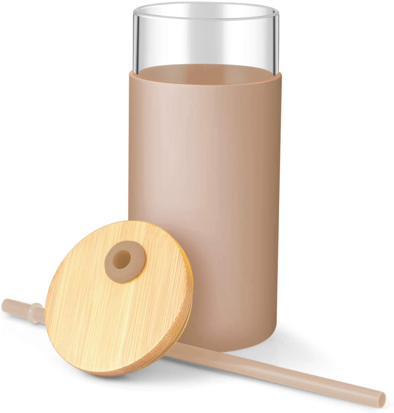 tronco 20oz Glass Tumbler Glass Water Bottle Straw Silicone Protective Sleeve Bamboo Lid - BPA Free (Papaya)