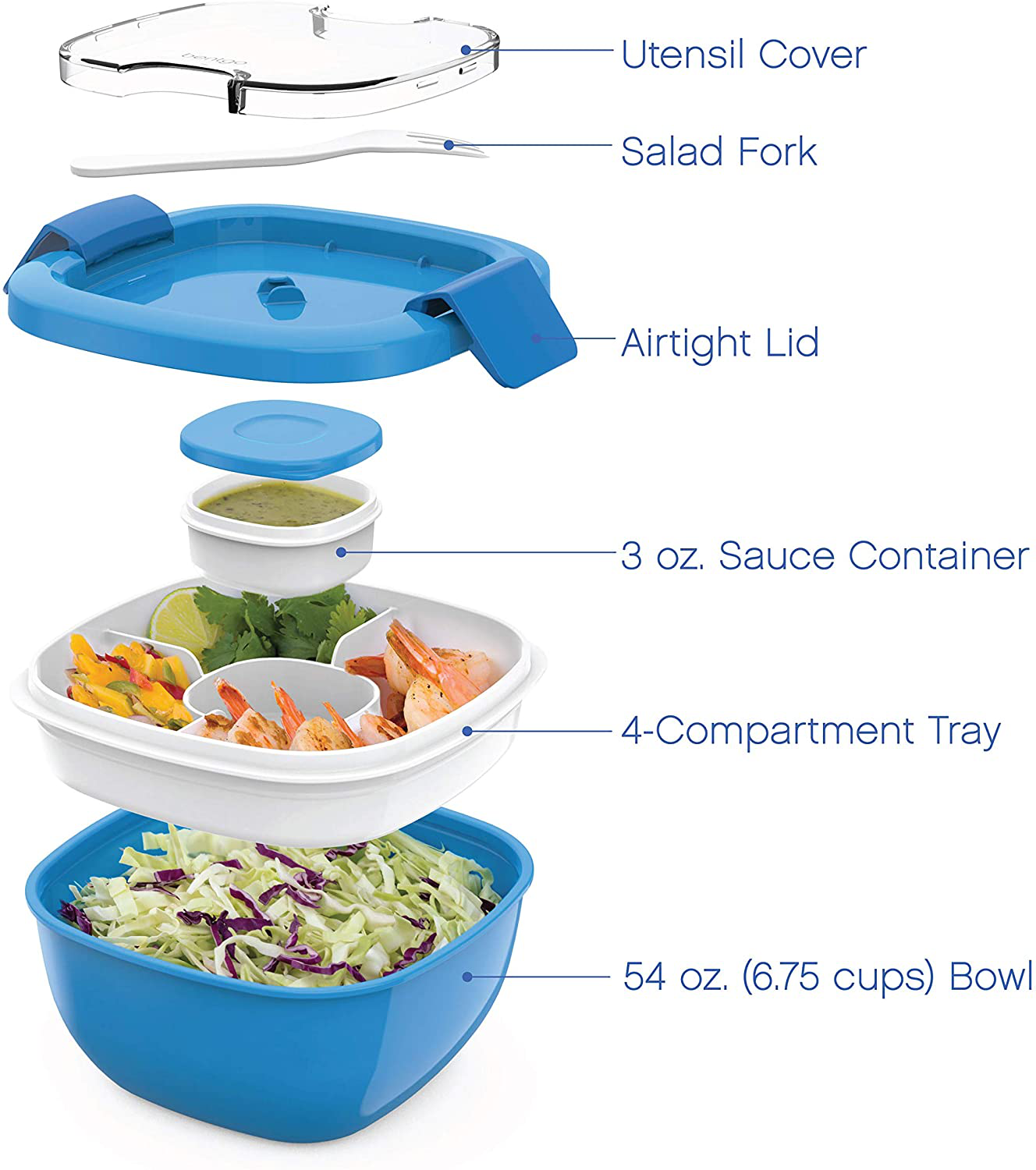 Bentgo Salad - Stackable Lunch Container with Large 54-oz Salad Bowl, 4-Compartment Bento-Style Tray for Toppings, 3-oz Sauce Container for Dressings, Built-In Reusable Fork & BPA-Free (Blue)