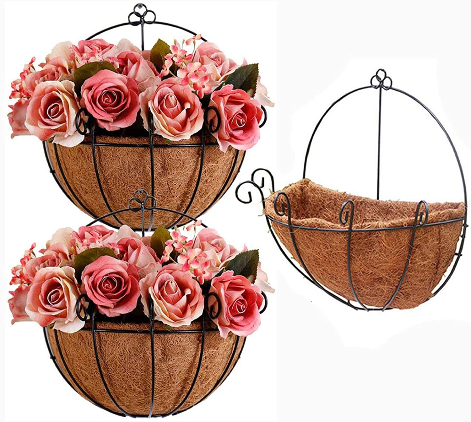 2 Pack Metal Hanging Planter Basket with Coco Coir Liner Wall Mount Wire Plant Holder for Indoor Outdoor Garden Porch and Balcony