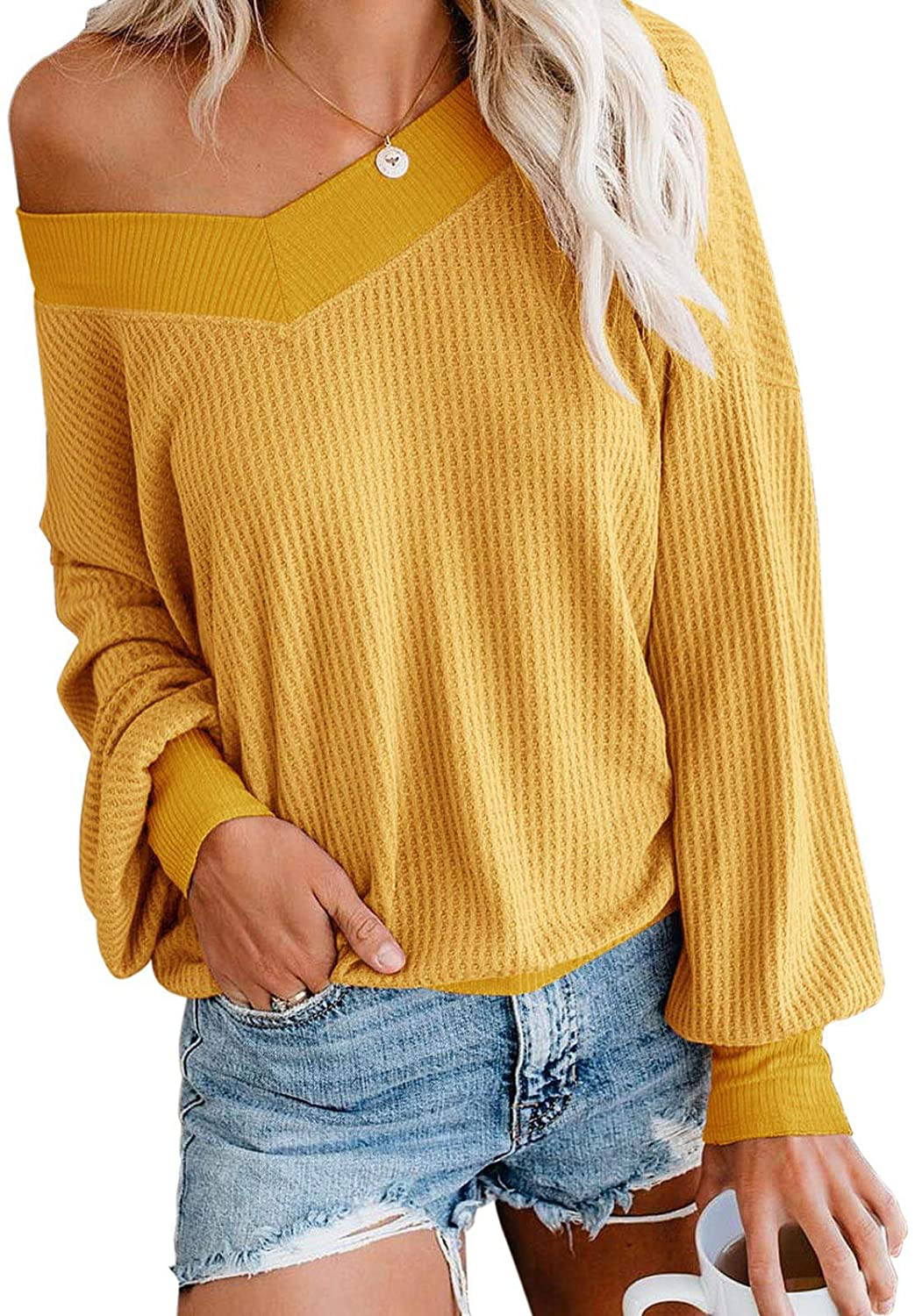 Adreamly Women's V Neck Long Sleeve Waffle Knit Top Off Shoulder Oversized Pullover Sweater