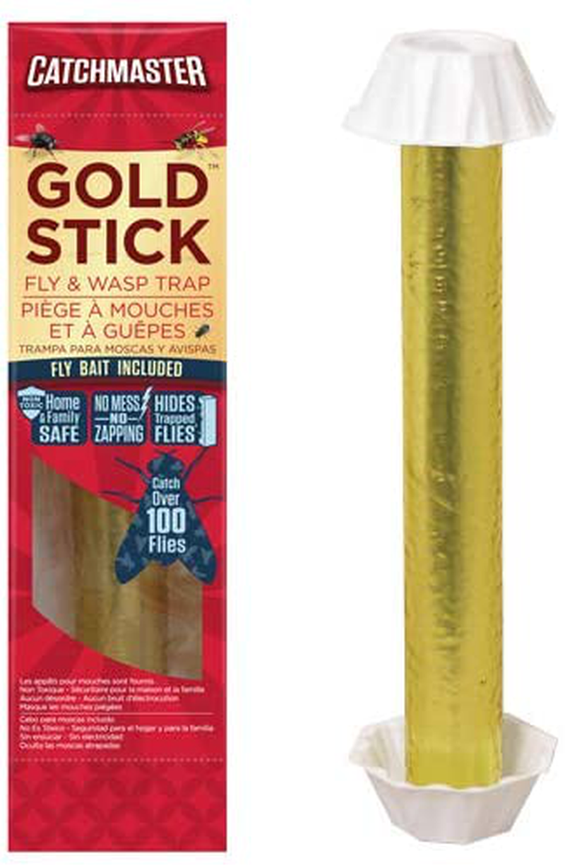 Catchmaster Gold Stick Sticky Fly Trap Indoor / Outdoor - 10.5 Inches Tall - Non-Toxic Fly Bait Included - Pack of 4 Fly Traps