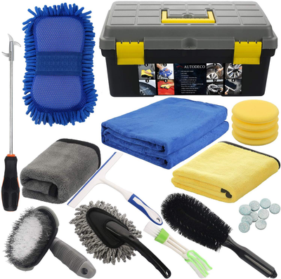 AUTODECO 25Pcs Microfibre Car Wash Cleaning Tools Set Gloves Towels Applicator Pads Sponge Car Care Kit Wheel Brush Car Cleaning Kit with Storage Box Black Grey Yellow Handle