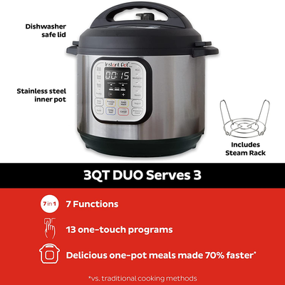 Instant Pot Duo Mini 7-in-1 Electric Pressure Cooker, Slow Cooker, Rice Cooker, Steamer, Saute, Yogurt Maker, Sterilizer, and Warmer